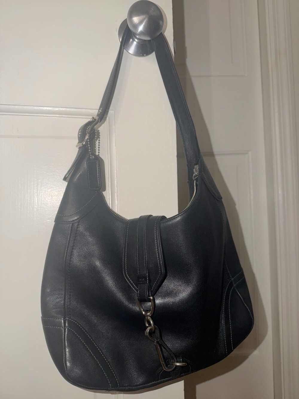 Coach Hampton Hobo Black Leather Shoulder Bag with Silver Hardware